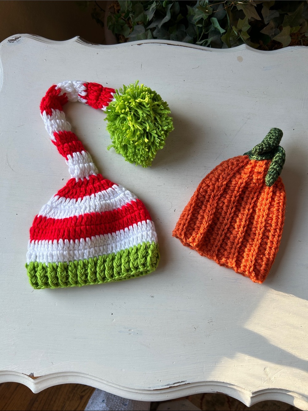 Handmade Kids Holiday Hat Set - Red, White & Green Stripe + Orange Pumpkin